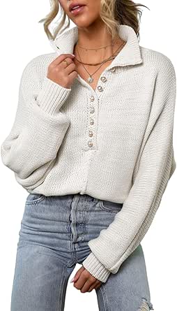 EVALESS Womens Oversized Knit Chunky Fall Sweater Tops 2024 V Neck Long Sleeve Lapel Collar Button Pullover Outfits