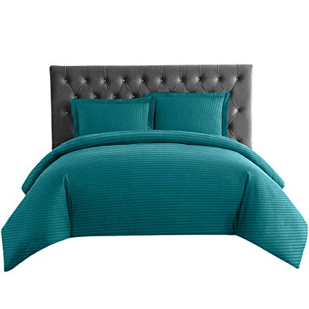 Nestl Bedding Duvet Cover 2 Piece Set – Ultra Soft Double Brushed Microfiber Bedding – Damask Dobby Stripe Comforter Cover and 1 Pillow Sham - Twin/Twin XL 68” x 90” - Teal Blue/Green