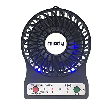 Miady 3-inch Ultra Portable Fan Rechargeable USB Personal Fan for Travel and Outdoor Activities, 3 Speeds with LED Light - Black