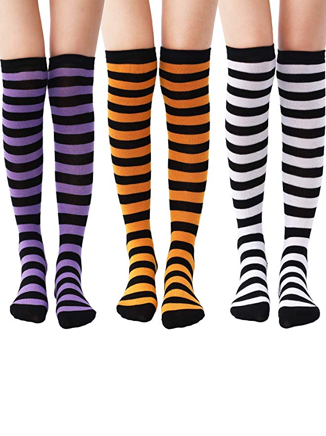 Tatuo 3 Pairs Long Striped Socks Knee Thigh High Stocking for Women Girls Halloween Birthday Party