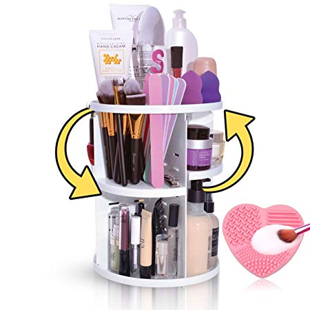 360 Rotating Makeup Organizer Cosmetic Storage - Multifunction Spinning Makeup Organizer as Adjustable Perfume and Makeup Carousel Extra Large Capacity Includes Make Up Brush Cleaning Mat
