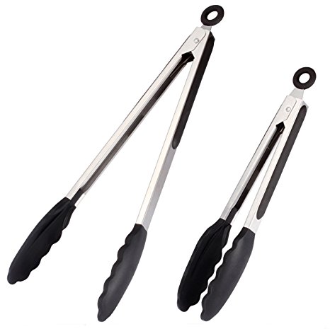 Kitchen Tongs,Xpatee 9 Inch & 12 Inch Heat Resistant Cooking Tongs with Silicone Tips for BBQ,Salads,Grilling,Serving and Fish Turning,Black