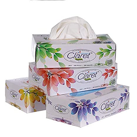 Claret Ultra Soft White 2 Ply Face Tissue box, napkin -100 Pulls (200 Sheets, Pack of 4 Box)