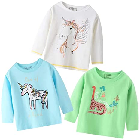 Miss Bei 3-Pack Girls' Long Sleeve T-Shirts Round Neck Cartoons Tees Unicorn Stripe Bunny Kids Tops Set