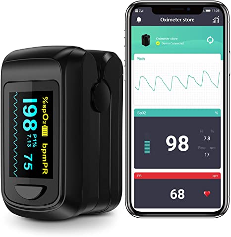 Fingertip Pulse Oximeter Bluetooth Blood Oxygen Saturation Monitor and Pulse Rate Monitor for Apple and Android, with OLED Screen 2 X AAA Batteries and Lanyard