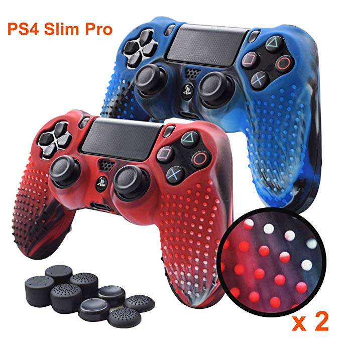 Pandaren PS4 Controller Grips,Studded Anti-Slip Silicone Cover Skin Set Compatible for PS4 /Slim/PRO Controller(Skin x 2   FPS PRO Thumb Grips x 8)