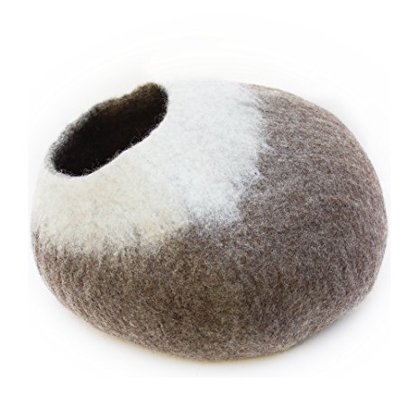 Kittycentric Cozy Cat Cave Bed - Handmade 100% Wool (Brown/Cream)