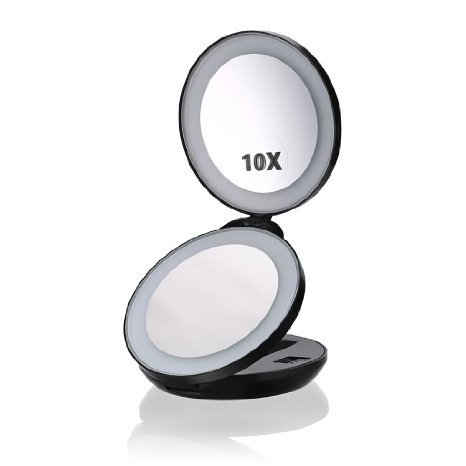 BTSKY® Portable 1X/10X LED Lighted Travel Mirror - Home and Travel Compact Folding Lighed Makeup Mirror/Vanity Mirror/Cosmetic Mirror (Black)