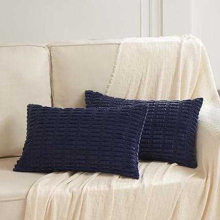 Fancy Homi Pack of 2 Navy Blue Lumbar Decorative Throw Pillow Covers 12x20 Inch for Living Room Couch Bedroom, Soft Corduroy Rectangle Solid Cushion Case 30x50 cm, Rustic Farmhouse Boho Home Decor