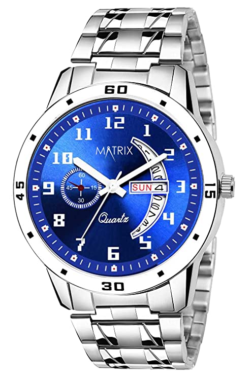 Matrix Blue, Black & Silver Dial, Day & Date Functioning, Stainless Steel Strap Analog Watch for Men & Women