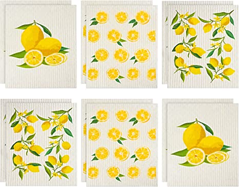 Lemon Swedish Kitchen Dishcloths Cleaning Cloths Absorbent Fiber Cloth No Odor Reusable Dish Towel for Kitchen, Hand, Counter Wipes (12 Pieces)