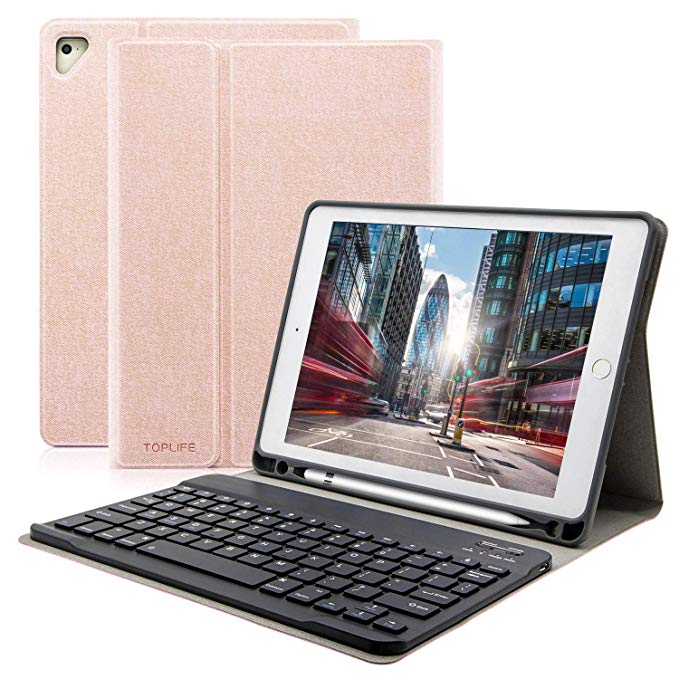 iPad 9.7 Keyboard Case, Wireless Bluetooth Auto Sleep/Wake Case for Apple iPad Pro 2017/2018, Multiple Angle Stand Honeycomb Cover with Pencil Holder (Champagne)