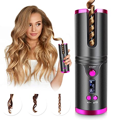 Cordless Hair Curler, Automatic Hair Curling Iron, Heatless Hair Rotating Curler with 3 Temperature & Timer Settings, Portable Rechargeable Rotating Ceramic Barrel Curling Wand Fast Heating