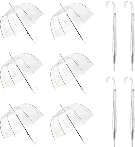 WASING 10 Pack 46 Inch Clear Bubble Umbrellas Wedding Style Large Canopy Transparent Stick Umbrellas Auto Open Windproof with European J Hook Handle Outdoor Umbrella for Adult