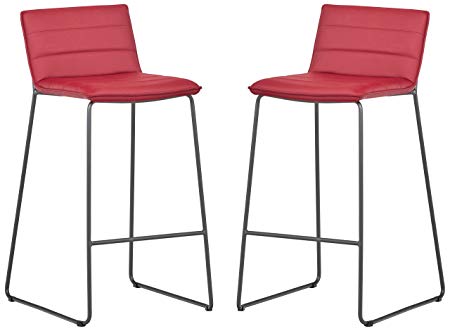 Rivet Julian Minimalist Modern Tufted Kitchen Bar Height Stools, Set of 2, 37.8 Inch Height, Synthetic Leather, Red