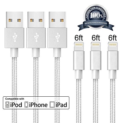 iPhone Cable,JUGGLO Lightning Cable 3Pack 6FT Nylon Braided Cord to USB Charging Charger for iPad,iPod Nano 7,iPhone 7/7 Plus,6/6 Plus/6S/6S Plus,SE/5S/5, (Gray&White,6FT)