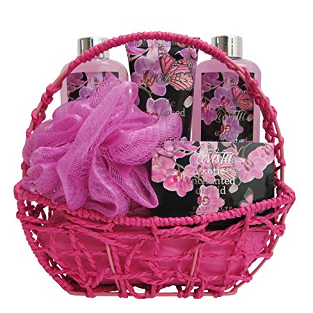 Rejuvenating Exotic Orchid Spa Gift Set By Lovestee - Bath and Body works Gift Basket, Gift Box, Includes Exotic Shower Gel, Bubble Bath, Sensual Body Lotion, Bath Salt, and Bath Puff