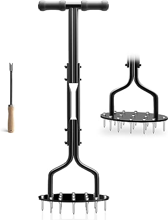 Lawn Aerator, EEIEER Lawn Scarifier Lawn Spike Aerator Manual Soil Aerating Tool with 15 pieces 6cm Solid Steel Spikes, Non-slip T-Handle, Grass Spike Aeration for Compacted Soils and Lawns