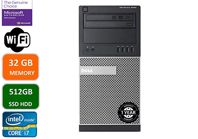 Dell Optiplex 9020 Mini Tower Desktop PC, Intel Core i7-4770-3.4 GHz, 32GB Ram, 512GB SSD WiFi, DVD-RW, Windows 10 Pro (Renewed)