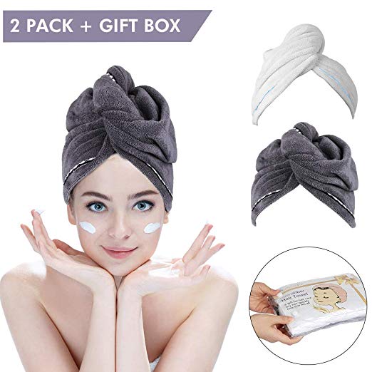 2 Pack Hair Towel Wrap Turban Microfiber Drying Bath Shower Head Towel with Buttons, Quick Magic Dryer, Dry Hair Hat, Wrapped Bath Cap By Duomishu (White & Gray)