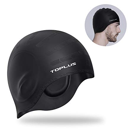 TOPLUS Swim Cap, Silicone Swimming Cap for Women Men Long Hair - 3D Ergonomic Design Comfortable and Durable Comes with Nose Clip & Ear Plugs - Black