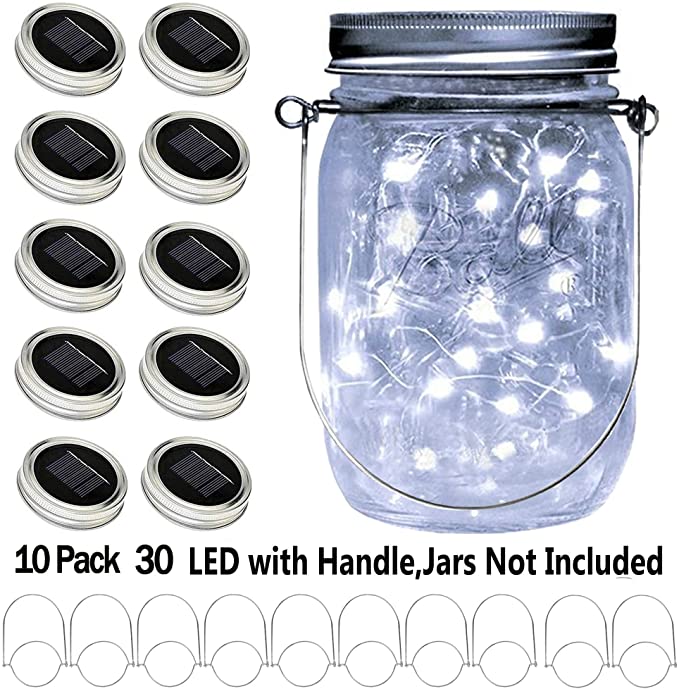 YITING Upgraded Solar Mason Jar Lid Lights, 10 Pack 30 LED Fairy Star Firefly String Lids Lights Including (10 pcs Hangers and 6 pcs PVC),for Wedding Patio Garden Party Decorations (No Jars)