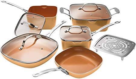 Gotham Steel 1994 Nonstick 10 Piece Square Cookware Set, Large, Copper