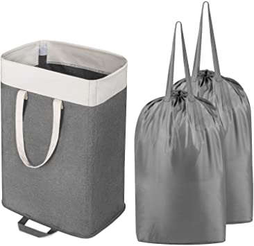 Lifewit Laundry Basket with 2 Removable Laundry Bags Large Collapsible Dirty Clothes Hamper with Handles, Built in Lining with Detachable Brackets Toys and Clothing Organization Storage Basket, Grey