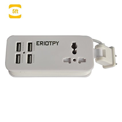ERIOTPY 5V 21W 1Ax4 USB Ports 110V-220V Input Portable Power Strip Travel Outlets with 5-feet Power Supply Cord (White)