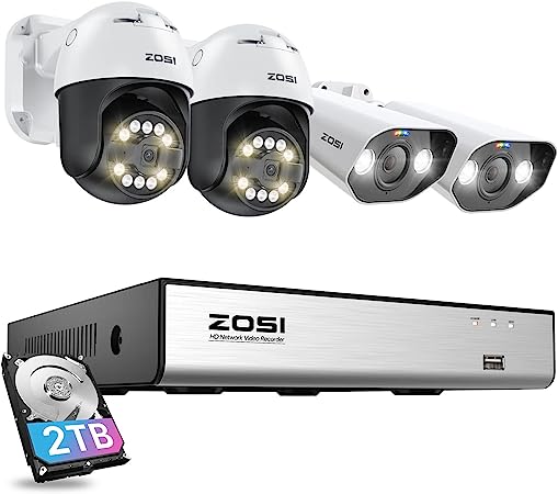 ZOSI 4K PoE Security Camera System with AI Face Person Vehicle Detection, 8CH NVR (16CH Expandable) with 4 x 5MP Outdoor PTZ Bullet PoE Cameras, 2-Way Audio, Spotlight, 2TB HDD for 24/7 Recording