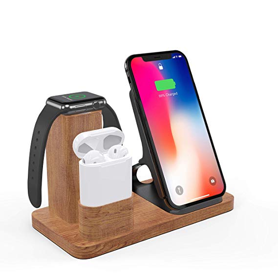 Wireless Charger Stand, LiZHi 3 in 1 Charging Station Docks for AirPods Apple Watch Series 4/3/2/1 iPhone X/8/8 Plus iPhone Xs/XR/XS MAX(Wood) (Stand-x)