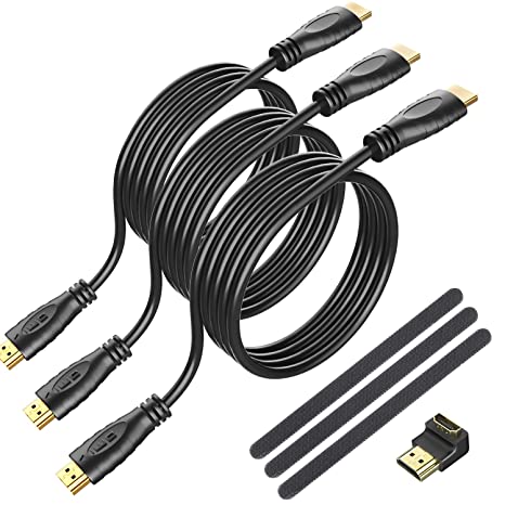 4K HDMI Cable 10 ft - 3 Pack High Speed HDMI 2.0 Cord with Right Angle Adapter and Cable Tie Support 4K 60Hz HDR, Video 1080p 3D ARC Ethernet Compatible UHD TV, Blu-ray, X-Box, PS4, PS3, PC, Projector