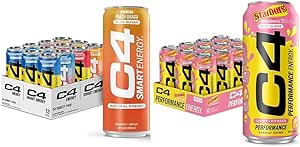 C4 Energy & Smart Energy Drinks Variety Pack, Sugar Free Pre Workout Performance Drink & C4 Energy Drink, STARBURST Strawberry, Carbonated Sugar Free Pre Workout Performance Drink