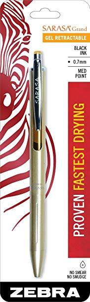 Zebra Sarasa Grand, Retractable Gel Ink Pen, Gold Barrel, Medium Point, 0.7mm, Black Ink, 1-Count