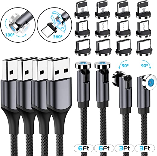 Magnetic Charging Cable, Ankndo 3 in 1 Magnetic USB Charger Cable [4-Pack,3ft/3ft/6ft/6ft] Magnetic Phone Charger 360°& 180°Rotation Magnetic Cable for Micro USB, Type C Smartphone and iProduct Device