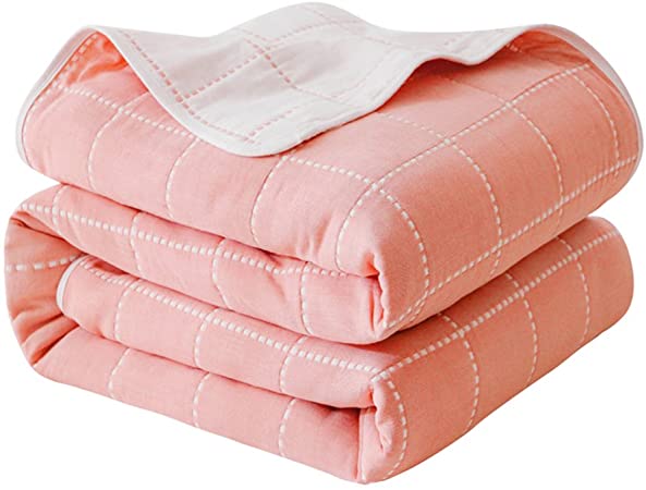 Joyreap 6 Layers of 100% Muslin Cotton Summer Blanket - Soft Lightweight Summer Quilt for Teens & Kids - Durable and Comfortable Throw Blanket (Dotted Line,Pink, 59"x 79")