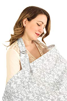 Breastfeeding Cover with Adjustable Strap * 100% Premium Cotton * Boned Nursing Cover * Breathable & Lightweight * Stylish & Discreet * incl Storage Bag & Towel Corners - Grey/White Damask