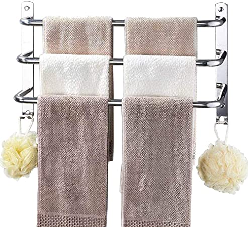 HONPHIER Towel Rail 3-Tier Bath Towel Rack SUS 304 Stainless Steel Towel Rail with Hooks Wall Mounted Towel Holder Towel Bar Rail for Kitchen Bathroom Toilet Hotel (Chrome, 63CM)