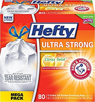 Hefty Ultra Strong Trash Bags (Citrus Twist, Tall Kitchen Drawstring, 13 Gallon, 80 Count)