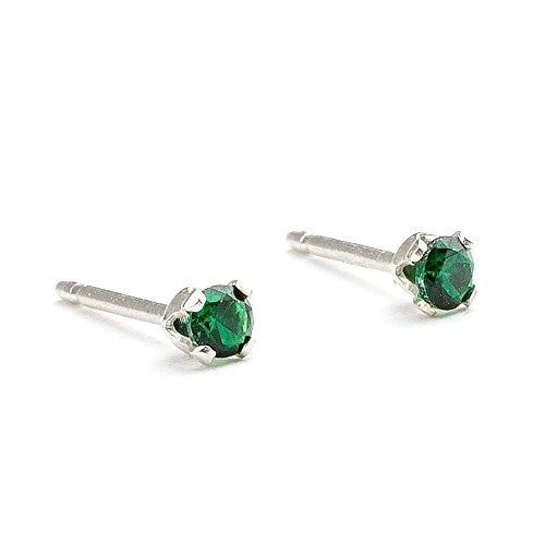 3mm Tiny Green Emerald Gemstone Stud Earrings in Sterling Silver - May Birthstone
