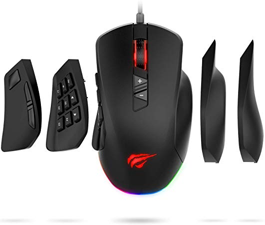 havit Pro RGB Wired Gaming Mouse【12000DPI & 14 Programmable Buttons】, Interchangeable Side Plates (8 Buttons/ 8 6 Side Buttons Mouse), 2 Replaceable Right Plates for Ergonomic Comfort, Black (MS760)