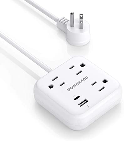 POWERADD USB C Power Strip with Power Delivery 18W, Travel Power Strip Mini & Portable with 3 Outlets, 18W USB C & QC 3.0 USB A Port, 5ft Cord, Flat Plug for Cruise Ship, Hotel, Dorm Room and Home