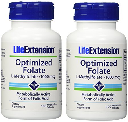 Life Extension Vitamins & Supplements - Optimized Folate (l-methylfolate), 1000 Mcg, 100 vegetarian tablets (2 Pack = 2 Bottles, 200 VCAPS Total)