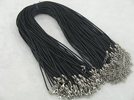 KONMAY 100pcs Black Real Leather Necklace Cord/Choker 2.0mm/17'' with Extension Chain Lead&nickel Free