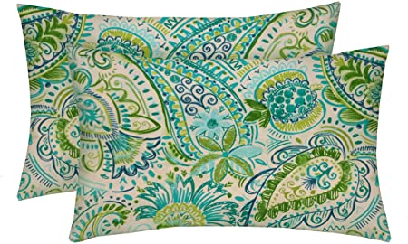 RSH Décor Indoor Outdoor 2-20"x12" Rectangle Lumbar Pillow Set Weather Resistant - Choose Pillow Color (Gilford Aqua Blue & Green Thin Line Paisley)