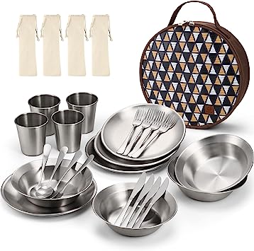 Odoland Camping Complete Messware Kit, Polished Stainless Steel Camp Dinnerware, Camping Cooking Tableware, Cutlery Organizer Utensil with Plates and Bowls Set for Backpacking, Hiking, Picnic