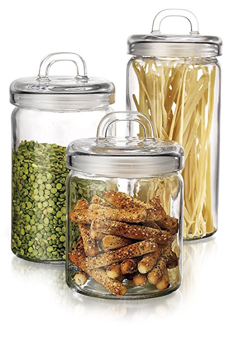 Elegant Home Loop Canister Set of Set of 3 Clear Glass Round with Air Tight Lids for Bathroom or Kitchen - Food Storage Containers