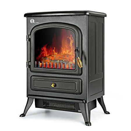 1byone Freestanding Electric Fireplace Portable Stove Heater with Log Burning Flame Effect Overheat Cut-Off Protection 1850W Max