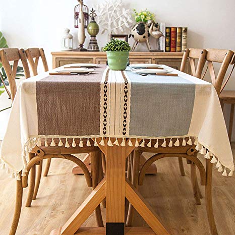 Bringsine Solid Embroidery Lattice Tassel Tablecloth Cotton Linen Dust-Proof Table Cover for Kitchen Dinning Tabletop Decoration(Square, 55"x55",Coffee & Blue)