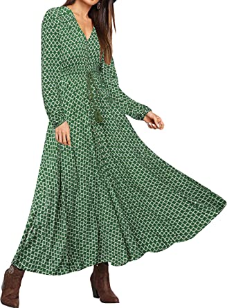 Milumia Women's Button Up Split Long Sleeve V Neck Multicolored Flowy Party Maxi Dress